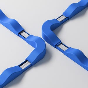 May include: Two blue corner protectors featuring a wavy, undulating top edge and a smooth, matte finish. Each piece consists of a solid blue plastic corner component connected to straight, white, parallel rods that extend outward from the sides.