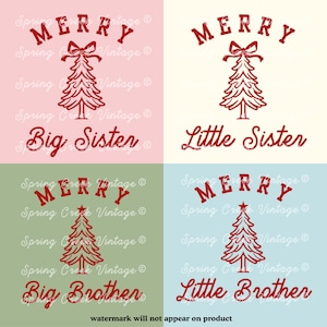 May include: Four-panel design with the word "MERRY" above a Christmas tree illustration in red. The phrases "Big Sister", "Little Sister", "Big Brother", and "Little Brother" are below the tree. Each panel has a different pastel background color.