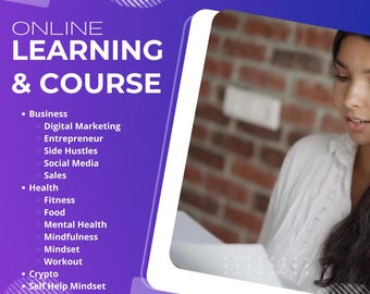 May include: A promotional graphic with the text "MEGA BUNDLE" and "ONLINE LEARNING & COURSE." The graphic lists topics including Business, Health, and Crypto. A person is visible in the background. The background is a gradient of purple and blue.