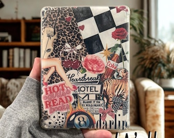 Heartbreak Hotel Kindle Insert, Hot Girls Read Books, Leopard & Checkered Vintage Collage, Clear Kindle Case Insert, Bookish Aesthetic