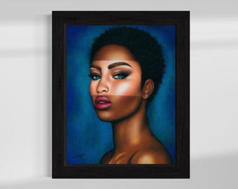 May include: A digital painting of a woman with short, dark hair. Her face is partially obscured by a white line, revealing a lighter complexion underneath. The background is a deep blue.
