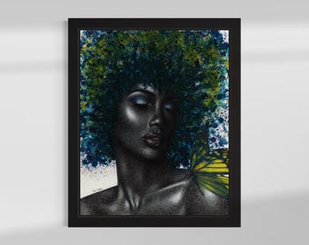 May include: A framed art print featuring a portrait of a person with dark skin, closed eyes, and a butterfly on their shoulder. The person has dark hair with green and blue accents. The butterfly has yellow and green wings.