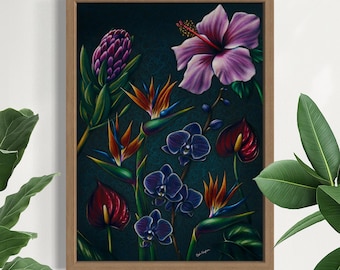May include: A framed botanical print featuring a variety of tropical flowers. The artwork showcases a large purple hibiscus, orchids, and birds of paradise against a dark teal background. The frame is a light brown color.