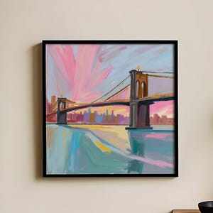 Nowy Jork Cyfrowy Wydruk Most Brookliński Sztuka Ścienna Retro Skyline Plakat Pastelowy Estetyczny Wystrój Prezent dla Miłośników Nowego Jorku Kolorowy Plakat