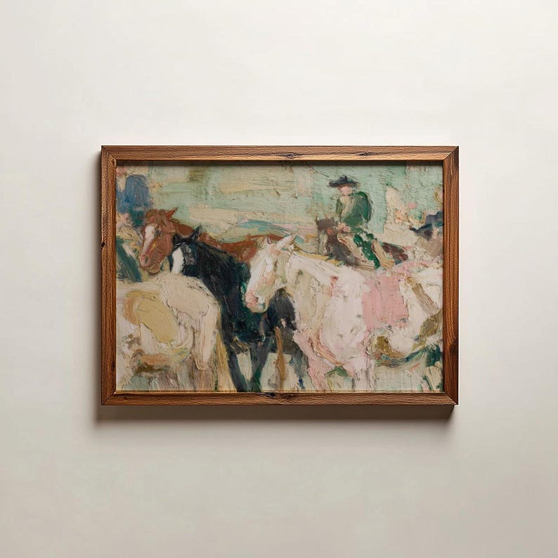 May include: Oil painting in a wooden frame depicting a group of horses and riders. The artwork features a palette of muted colors, including brown, white, black, and green. The brushstrokes are visible, creating a textured effect. The painting is mounted on a white wall.