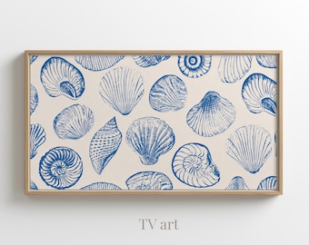 Seashells Frame TV Art Ocean Art Coastal Blue Coastal Minimalist Summer Wall Decor (Digital Download)