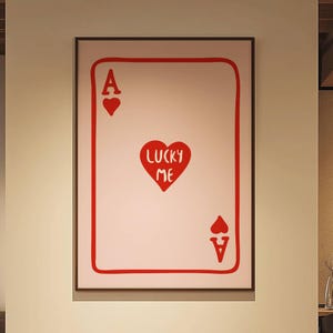 Lucky Me – Minimalist Ace of Hearts Print, Retro Typography Poster in Red and Pink, Boho Wall Art for Bedroom or Living Room