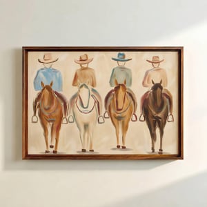 May include: A framed painting depicting four figures wearing cowboy hats, each mounted on a horse. The riders are shown from behind, facing forward in a line. The horses are rendered in shades of brown, white, and tan against a neutral background.