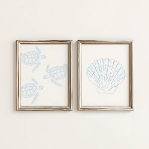 Muurkunstdruk schelp en schildpad: neutraal kustdecor (digitale download)