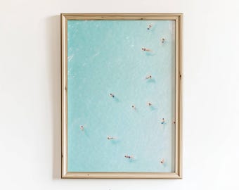 Tiny Swimmers Aerial Ocean Art Print: Minimalist Summer Wall Decor (Digital Download)