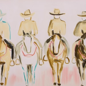 May include: An abstract painting depicts four riders on horseback. The riders wear cowboy hats and tan jackets. The horses are painted in shades of white, brown, and tan, with pink accents on the tack. The background is a soft pink.