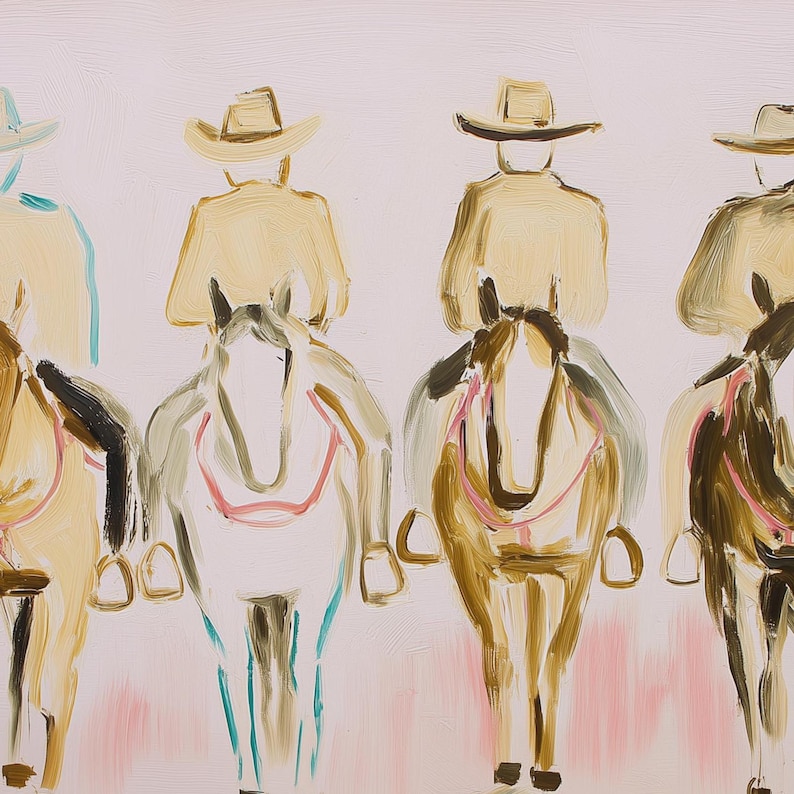 May include: An abstract painting depicts four riders on horseback. The riders wear cowboy hats and tan jackets. The horses are painted in shades of white, brown, and tan, with pink accents on the tack. The background is a soft pink.