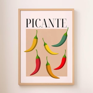 Picante print, Chillies Art Print, Nowoczesna sztuka ścienna, Wystrój kuchni, Retro chillies print, Wystrój baru, Nowoczesna sztuka ścienna do kuchni