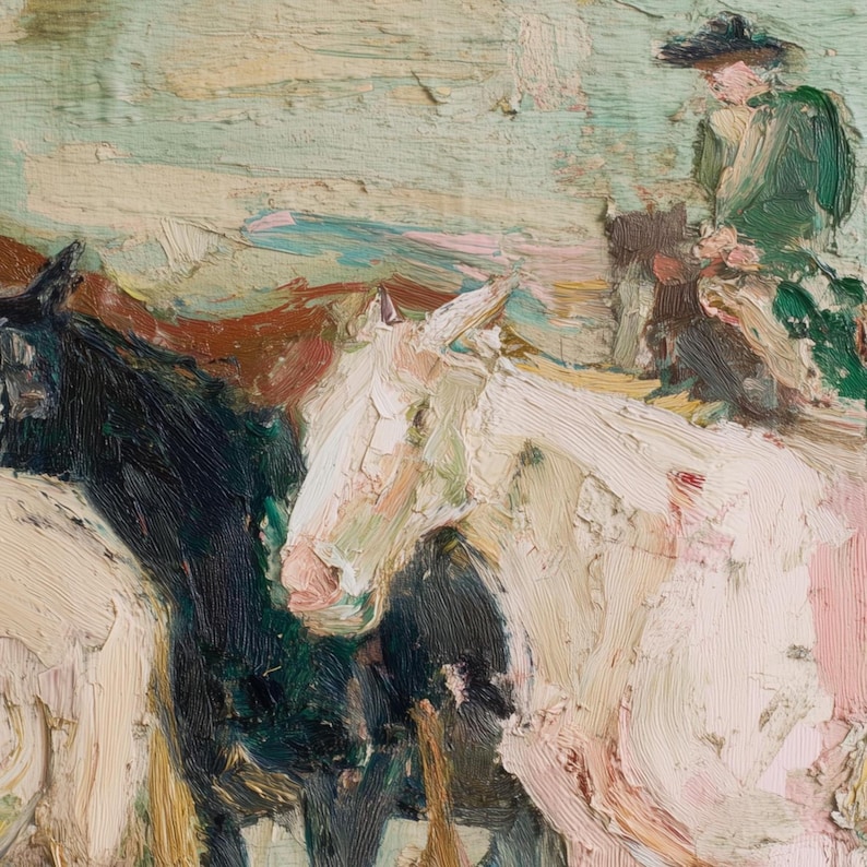 May include: Oil painting of a cowboy on horseback with two horses in the foreground. The horses are white and black, and the cowboy is wearing a green jacket and hat. The background is a light blue and green landscape.