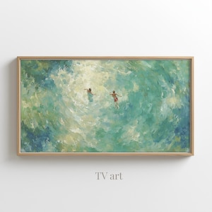 May include: An abstract painting of two figures swimming in turquoise water, framed in a light wood. The water is rendered with swirling brushstrokes in shades of blue, green, and yellow. The text "TV art" is at the bottom.