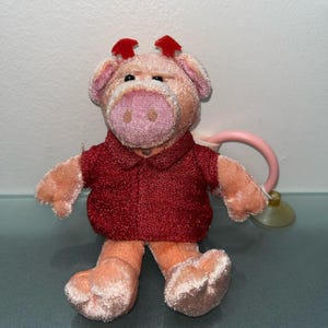 Vintage Pig Piggy dressed as devil rare plush / Sticks in Glass