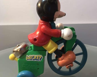 Juguete vintage de Mickey Mouse en bicicleta con timbre funcional, 7 pulgadas, plástico, raro