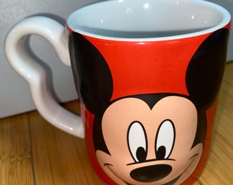 Taza vintage de Mickey Mouse 3D de Disney, con asa de oreja, 355 ml (rara)