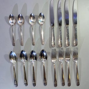 Pode incluir: Um conjunto de dezasseis peças de talheres em aço inoxidável prateado, incluindo oito colheres, quatro facas e quatro garfos, dispostos em filas. Cada cabo apresenta uma gravação floral decorativa na base. Uma fita métrica é visível no topo.