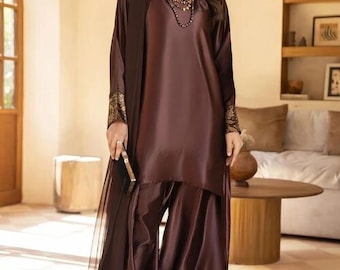 Chocolate Brown Farshi Shalwar Suit , Pakistani Indian Farshi Suit , Farshi Dress , Shalwar Kameez , Silk Farshi Suit