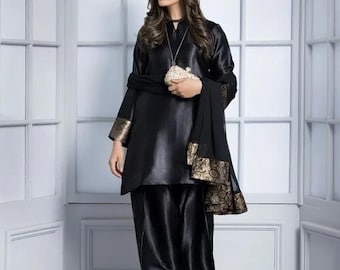 Black Silk Farshi Suit , Daily and Party Wear , Elegant Farshi Dress , Ethnic Formal Wear , Farshi Shalwar Dress , Pakistani Indian Suit