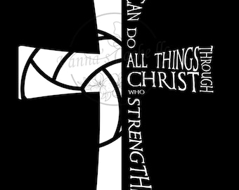 Peut inclure: Graphique noir et blanc d'une croix avec le texte "Je peux tout faire par Christ qui me fortifie Philippiens 4:13"