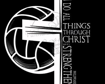 Peut inclure: Conception graphique en noir et blanc représentant un ballon de volley-ball avec une croix derrière lui. Le texte "Je peux tout faire par Christ qui me fortifie" est écrit verticalement sur le côté droit de l'image. Philippiens 4:13 est écrit sous le texte.