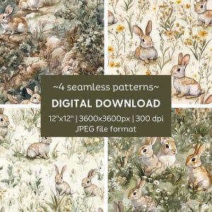 Puede incluir: Cuatro patrones digitales sin costuras que presentan ilustraciones de acuarela de conejos en un prado con follaje verde y flores amarillas. Los patrones miden 12 pulgadas por 12 pulgadas y 3600 píxeles por 3600 píxeles a 300 ppp.