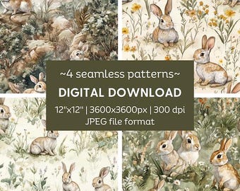 Zestaw papierów cyfrowych Spring Bunnies | Przytulne wzory Cottagecore Seamless na tkaniny, artykuły piśmiennicze, opakowania na prezenty, etui na telefony, wzory powierzchni i nie tylko