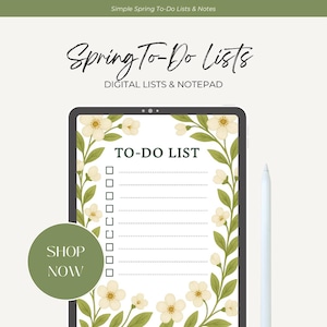 Op de afbeelding: Een digitale to-dolijst sjabloon met een bloemige rand. Het sjabloon bevindt zich op een tabletscherm met een witte stylus ernaast. De tekst "Spring To-Do Lists" staat bovenaan de afbeelding. De tekst "TO-DO LIST" staat in het midden van het sjabloon. De tekst "SHOP NOW" staat in een groene cirkel linksonder in de afbeelding.