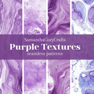 May include: Four seamless purple texture patterns. The patterns feature swirls, marbling, and abstract shapes.