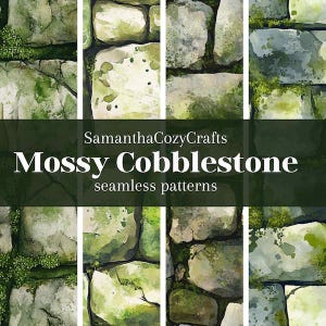 May include: A seamless pattern featuring a close-up of a mossy cobblestone wall. The stones are a mix of gray and green, with patches of moss growing between them.