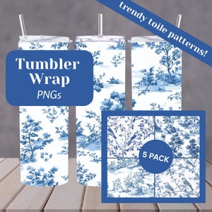 Blue Floral PNG Pack for 20oz Skinny Tumbler Sublimation | Trendy Vintage French Toile Patterns | Digital Download | 5 Tumbler Wrap Designs