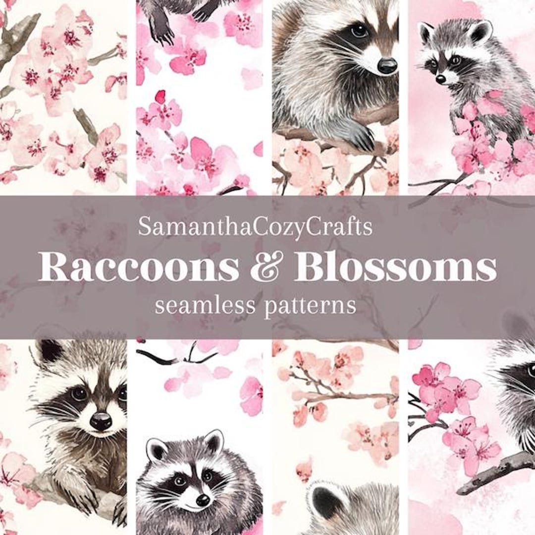 Spring Raccoon Pattern Raccoons & Cherry Blossoms Pattern Set | Spring Instant Download ...