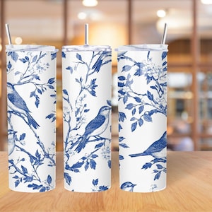 Blue Floral PNG for 20oz Skinny Tumbler Sublimation | Vintage French Toile Bird Pattern | Digital Download | Printable Tumbler Wrap Design