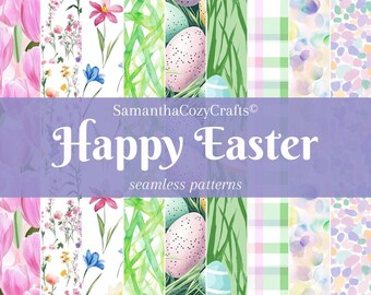 Happy Easter Digital Papers Set | 9 Cozy Seamless Pastel Patterns for Spring Crafting, Scrapbooking, Wallpaper, Fabric, Stationary, Journals