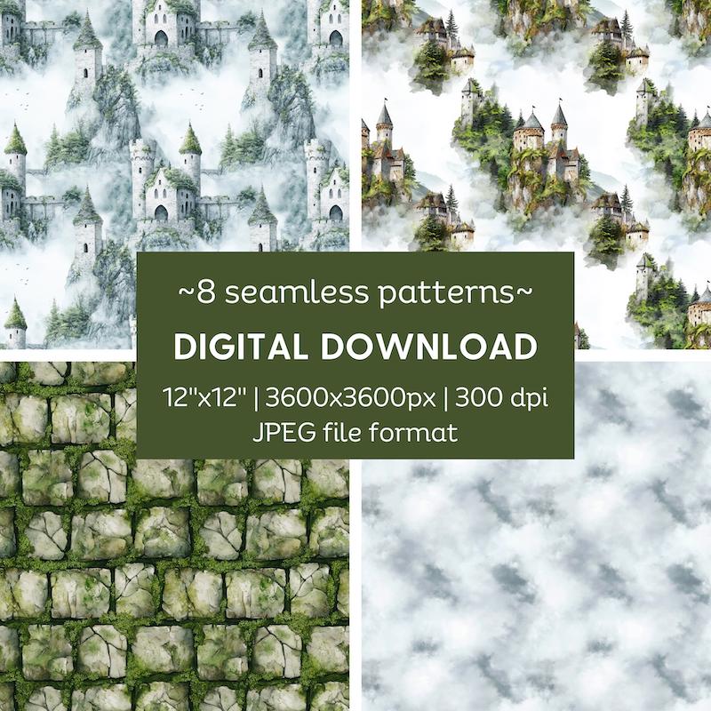 Medieval Castles Digital Papers Set | 8 Cozy Fantasy Seamless Patterns ...