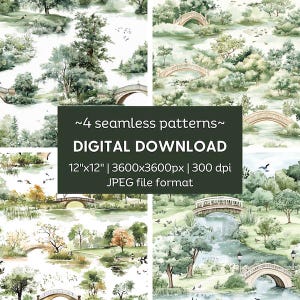 May include: Four seamless watercolor patterns featuring serene park scenes with arched bridges, trees, and water. The patterns are available as a digital download, 12"x12" at 3600x3600px resolution, 300 dpi, in JPEG file format.