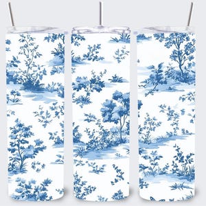 Blue Nature Toile 20oz Skinny Tumbler Sublimation PNG | Vintage Cottagecore French Pattern | Digital Download Tumbler Wrap Design