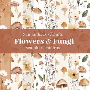 May include: A set of 10 seamless patterns featuring watercolor illustrations of flowers and mushrooms in shades of brown, beige, and white. The patterns are perfect for creating digital or printed designs.