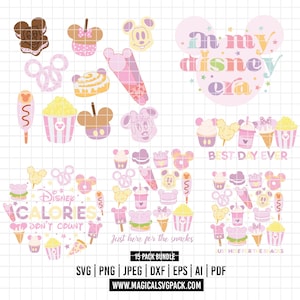 Może przedstawiać: Cyfrowy pakiet grafik zawierający ilustracje w pastelowych kolorach przedstawiające przekąski w kształcie Myszki Miki, w tym popcorn, precle i lody. Tekst zawiera "In my disney era," "BEST DAY EVER," "Disney CALORIES DON'T COUNT," oraz "Just here for the snacks."