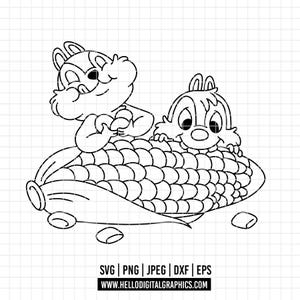 May include: Black and white line drawing of two cartoon chipmunks on a corn cob. One chipmunk is holding the corn, while the other is peeking out. The image includes the text "SVG | PNG | JPEG | DXF | EPS" and a website address.