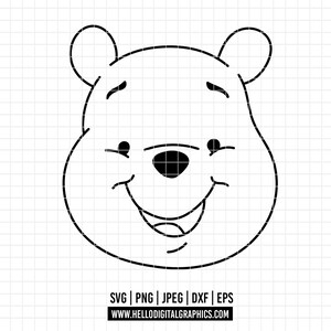 Puede incluir: Dibujo lineal en blanco y negro de la cara de un oso sonriente. La imagen incluye opciones de tipo de archivo: SVG, PNG, JPEG, DXF y EPS, junto con una dirección de sitio web. El oso tiene una cara redonda y ojos pequeños.