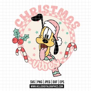 Puede incluir: Ilustración de dibujos animados de un perro amarillo con gorro de Papá Noel y bufanda con el texto "Christmas Vibes". El perro tiene la lengua larga y está rodeado de bastones de caramelo, acebo y estrellas. El diseño es de estilo retro.