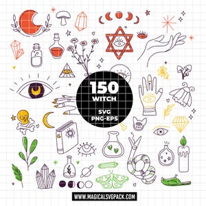 May include: A digital collection of 150 witch-themed line art illustrations including moons, crystals, eyes, hands, skulls, snakes, moths, and potion bottles. The graphic set features black outlines with orange, yellow, and green accents on a grid background.