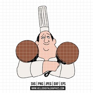 Puede incluir: Ilustración de dibujos animados de un chef con un gorro blanco alto y sosteniendo dos sartenes marrones. El chef viste un uniforme blanco y tiene una expresión neutra. La imagen incluye información del tipo de archivo y una dirección web.