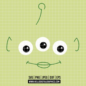 May include: A green alien face illustration with three white eyes, black pupils, and a curved mouth. The design includes a single antenna and two curved ear-like shapes. The image has the text "SVG | PNG | JPEG | DXF | EPS" and the website address.