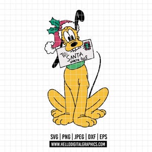 May include: A cartoon illustration of Pluto, wearing a Santa hat and a green collar, holding a letter that reads "To: Santa North Pole." The image is in yellow, black, white, red, and green. The bottom of the image has file type options and a website address.