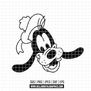 Peut inclure: Illustration de dessin animé en noir et blanc de Dingo portant un chapeau. L'image comprend le texte "SVG | PNG | JPEG | DXF | EPS" et "WWW.HELLODIGITALGRAPHICS.COM".