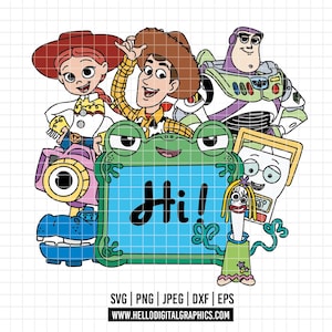 May include: A digital illustration featuring characters from the Toy Story franchise. Woody, Buzz Lightyear, Jessie, and other characters are depicted. A frog holds a sign that says "Hi!" in black letters. The image includes file type information.
